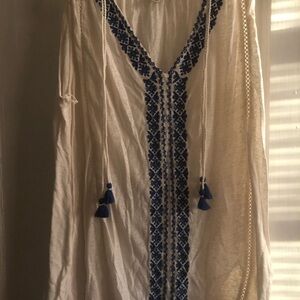 Lucky Brand White and Blue Embroidered Top